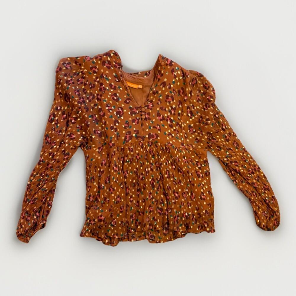 Oliphant Orange Leopard Print Blouse XS ✨ Metallic Clip Dot Peplum Boho